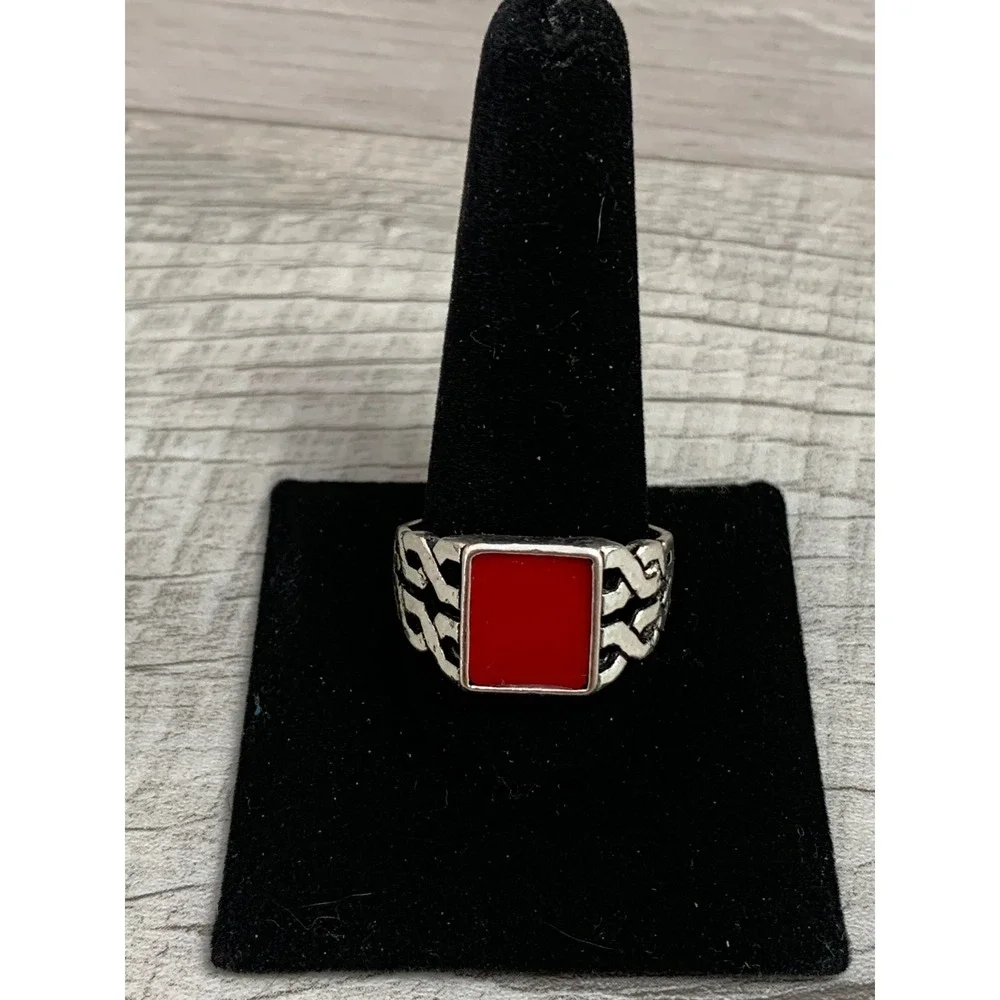 Mens Red Enamel Celtic Knot Silver Tone Signet Fashion Ring Size 13.25